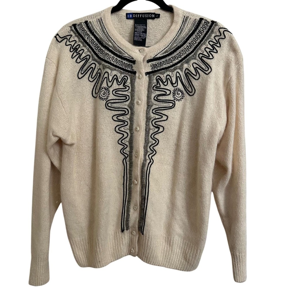 Vintage‎ 1989 I.B. Diffusion Beaded Cardigan Silk Angora Blend L
